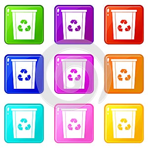 Trash bin with recycle symbol icons 9 set