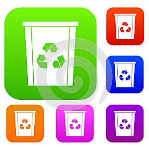 Trash bin with recycle symbol set color collection