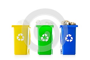 Trash bin. Yellow, green, blue dustbin for recycle plastic, paper and glass can trash isolated on white background. Container for