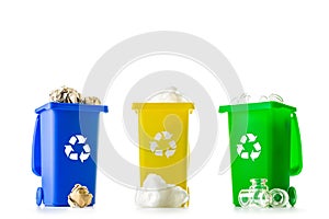 Trash bin. Yellow, green, blue dustbin for recycle plastic, paper and glass can trash isolated on white background. Container for