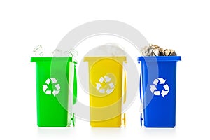 Trash bin. Yellow, green, blue dustbin for recycle plastic, paper and glass can trash isolated on white background. Container for