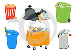 Trash bins with garbage, open dump and waste bags. Plastic bin, recycle rubbish containers. Isolated dirty junk, decent