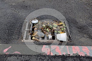 trash blocking storm drain gutter graffiti