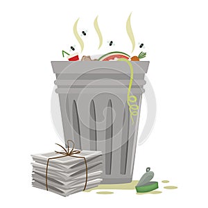 Trash can cartoon icon. Waste paper, tin can lying, flies flying around metal open rubbish bin.