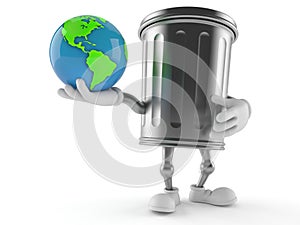 Trash can character holding world globe