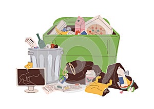 Trash can and dumpster with heap of mixed rubbish. Pile of household garbage lying around. Unsorted food, paper, plastic