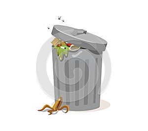 Trash can filled with rubbish and peel from banana