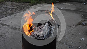 Trash Can Fire Rages In Steel Barrel Dumpster Can