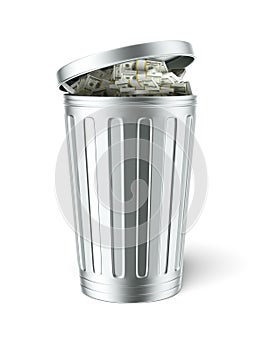 Trash can full of dollar bills