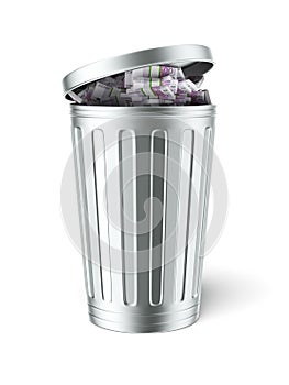 Trash can full of euro bills