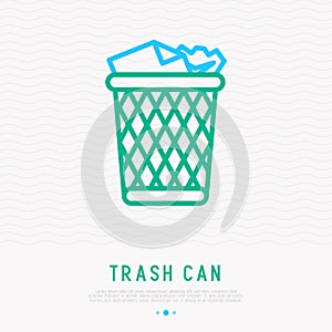 Trash can with garbage thin line icon