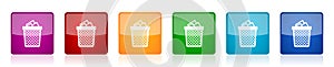 Trash, can icon set, colorful square glossy vector illustrations in 6 options for web design and mobile applications