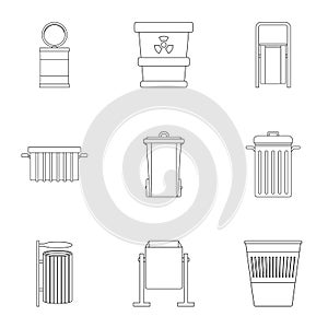 Trash can icon set, outline style