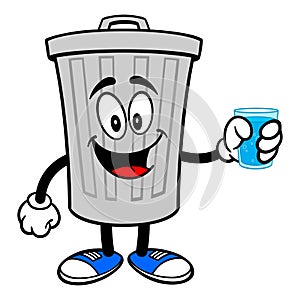 Trash Can Mascot with a glass of Water