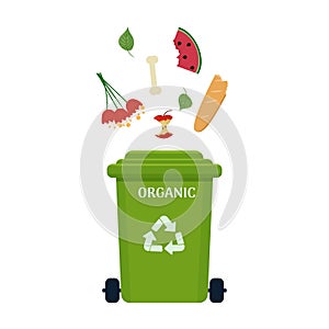 Trash can for organic waste in green colour isolated on white background. Ecology, waste sorting concept