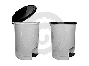 Trash Can with Plastic Black Isolated on white Background with Clipping Path. Left Side View of Grey Empty Refuse Bin Garbage Can