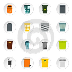 Trash can and recycle bin icons set, flat style