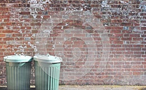 Trash can rubbish bin dustbins garbage trashcan can outside against brick wall background with copy space