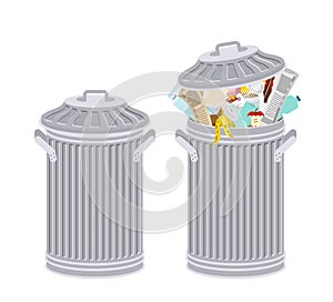 Trash can with Rubbish isolated. Wheelie bin with Garbage on white background. Dumpster iron. peel from banana and stub. Tin and