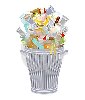Trash can with Rubbish isolated. Wheelie bin with Garbage on white background. Dumpster iron. peel from banana and stub. Tin and
