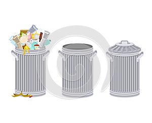 Trash can with Rubbish isolated. Wheelie bin with Garbage on white background. Dumpster iron. peel from banana and stub. Tin and