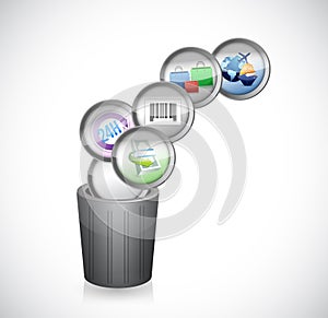 Trash can and shopping icons. illustration