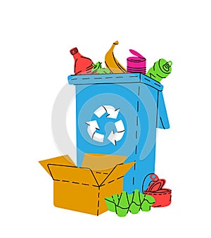 Trash can with unsorted garbage. Plastic, metal, paper, organic waste illustration. Garbage plastic can with different