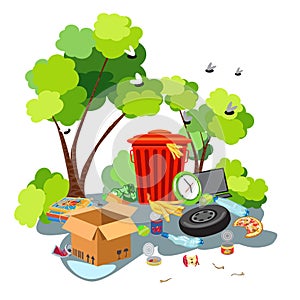 A trash can with a variety of unsorted trash against a background of green trees