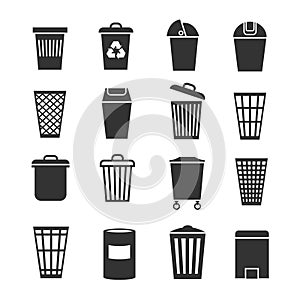 Trash can, waste basket and bin, garbage vector icons