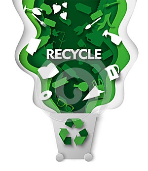 Trash can, waste bin with plastic garbage and green recycle sign, vector paper cut illustration. Reuse, recycling.