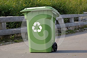 Trash can for waste with recycle symbol