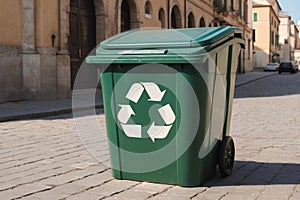 Trash can for waste with recycle symbol