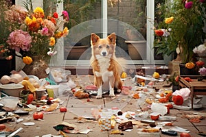 trash chaos on patio, chewed up dog toy among the mess