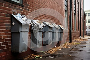 trash chutes on the side of a city building