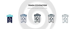 Trash compactor icon in different style vector illustration. two colored and black trash compactor vector icons designed in filled