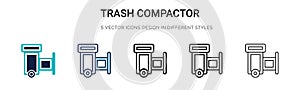 Trash compactor icon in filled, thin line, outline and stroke style. Vector illustration of two colored and black trash compactor