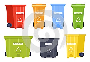 Trash container vector set with recycle icon. Garbage bin for metal, e-waste, plastic and glass, special and organic