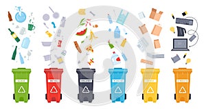 Trash containers. Organic, e-waste, plastic, paper, glass and metal trash containers. Recycling garbage to save the