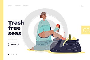 Trash free sea concept of landing page with girl volunteer in rubber gloves pick up litter at beach