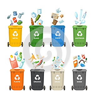 Trash in garbage cans with sorted garbage for organic, paper, plastic, glass, metal, drugs, light bulbs. Separation of garbage