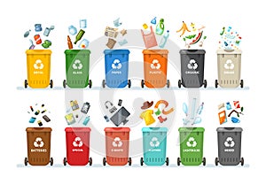 Trash in garbage cans with sorted garbage for organic, paper, plastic, glass, metal, tablets, batteries. Separation of garbage