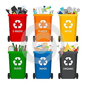 Trash in garbage cans with sorted garbage. Recycling garbage separation collection and recycled