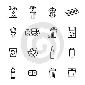 Trash Garbage Related Signs Black Thin Line Icon Set. Vector