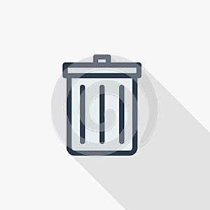 Trash, garbage thin line flat color icon. Linear vector symbol. Colorful long shadow design.