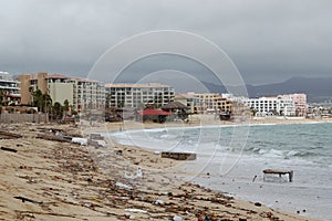 Trash on the Medano beach after hurricane