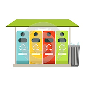 Trash recycling containers, rubbish bins row, waste recycling and utilization concept vector Illustration