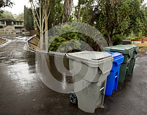 Trash, Recycling and Green Leaf Bins on the Street