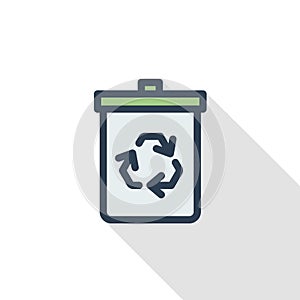Trash recycling thin line flat color icon. Linear vector symbol. Colorful long shadow design.