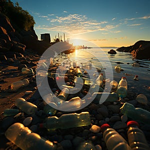 Trash ridden beachscape, plastic bottles accentuating the impact of coastal pollution