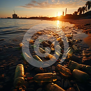 Trash ridden beachscape, plastic bottles accentuating the impact of coastal pollution